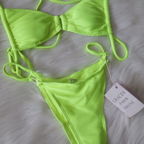 NEW Bright Neon Green Sexy Tiny Ribbed Bikini Swim Set Size Large - Picture 5 of 9